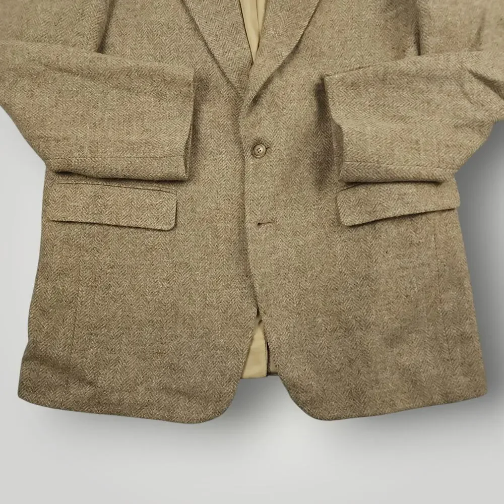Vtg Ivy Style Tweed Wool Sack Jacket Mens 42L Herringbone Wide Lapel 90s Y2K Tan